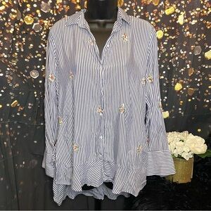 Zara Woman XS Blue Striped Colorful Floral Embroidered Long Slv Button Blouse